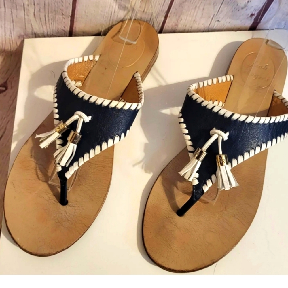 Jack Rogers "Alana" Navy w/White Whipstitch Trim Leather Thong Sandals 8M $128